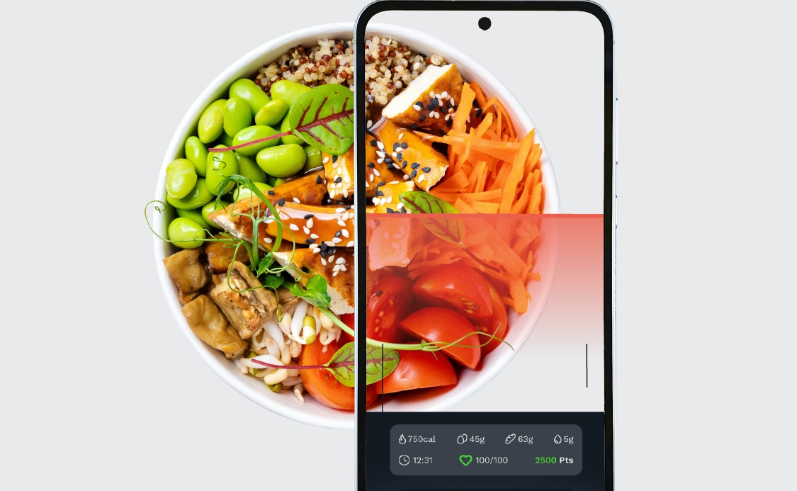 Activ-AR Nutrition Challenge - Scan a meal for instant macros and a nutrition score Employee scanning a healthy meal with the Activ-AR app, showing calories, macros and nutrition score