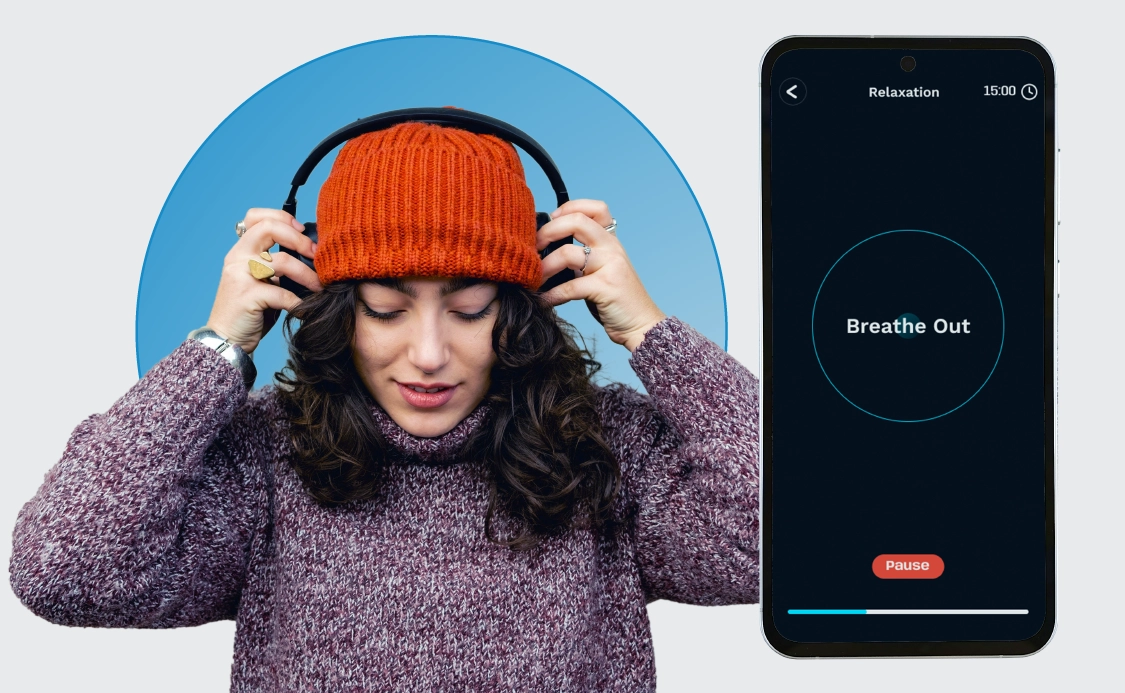 Activ-AR Mindful Moments - Guided breathing and relaxation sessions Employee using headphones during a guided breathing exercise in the Activ-AR mindfulness challenge