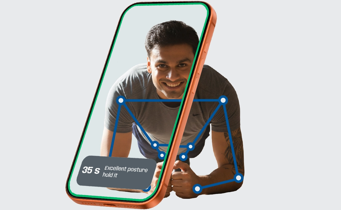 Activ-AR Plank Challenge - Real-time posture feedback and hold timing Employee holding a plank with the Activ-AR app giving real-time posture feedback and hold timer