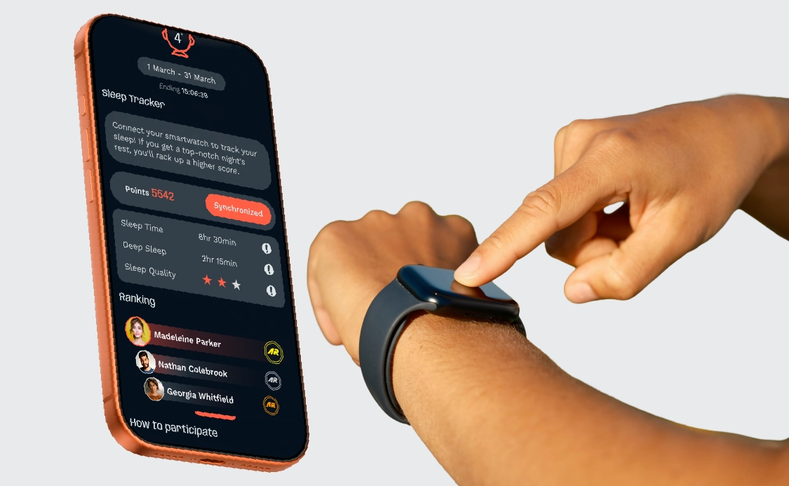 Activ-AR Sleep Tracker Challenge - Automatic smartwatch sync and sleep quality scoring Person syncing a smartwatch with the Activ-AR app showing sleep duration, deep sleep and quality scores