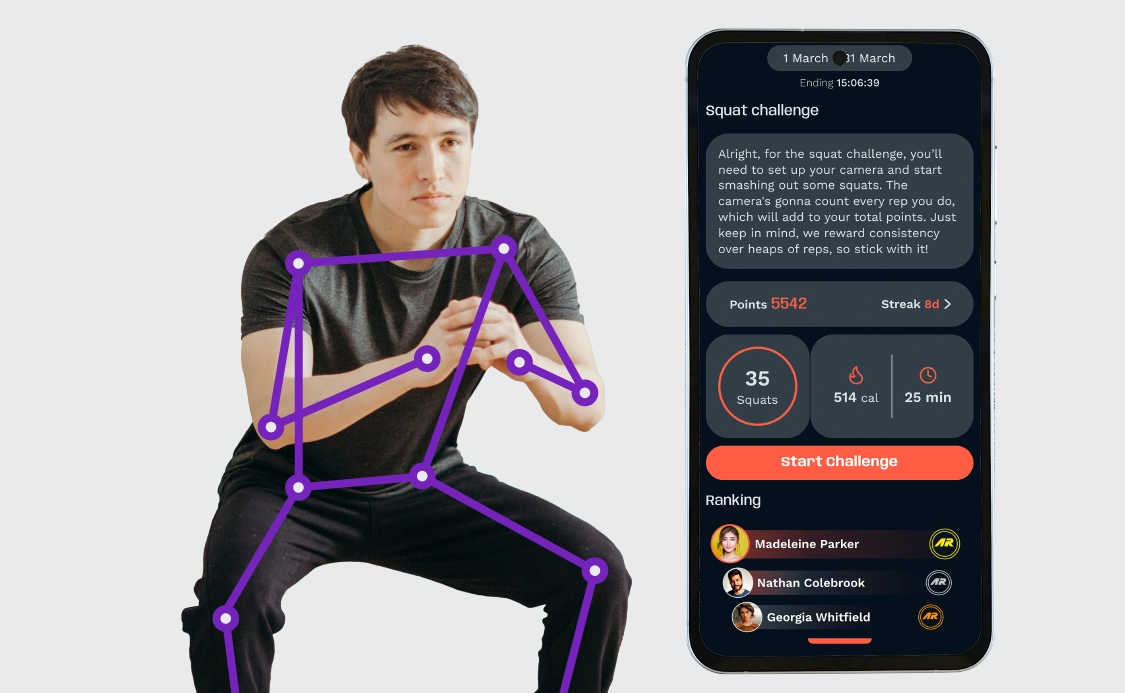Employee doing a squat with AI motion tracking overlay next to the Activ-AR squat challenge screen