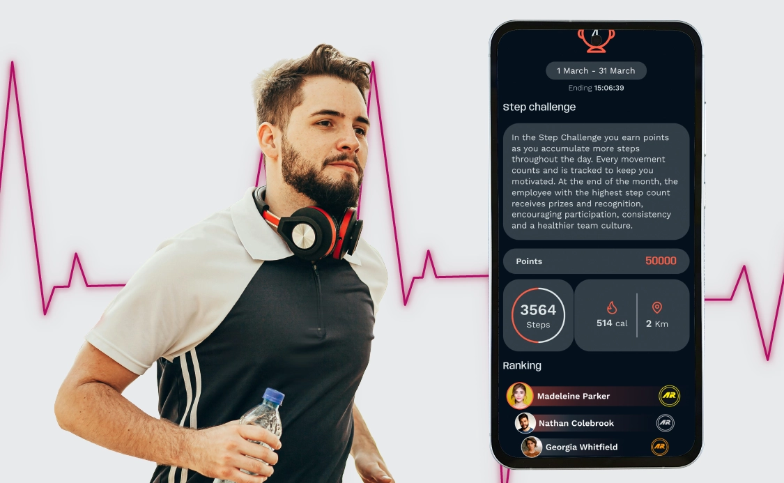 Activ-AR Step Challenge - Live rankings and step tracking Employee running beside the Activ-AR app showing a step challenge leaderboard and daily step count