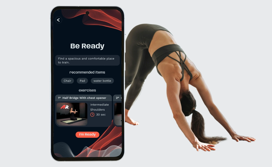 Activ-AR Stretch Streak - Guided mobility routines with step-by-step exercises Woman in a downward dog stretch beside the Activ-AR app showing a guided stretch routine with exercise timers
