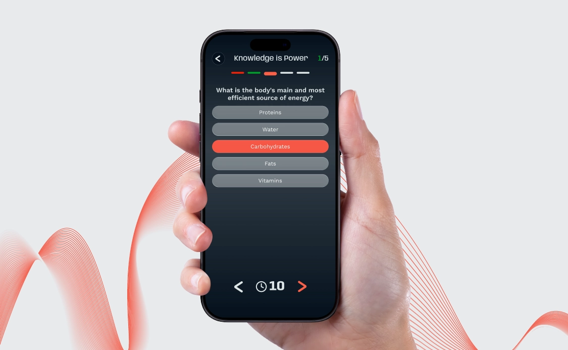 Activ-AR Knowledge is Power - Timed wellness quizzes that build health literacy Employee answering a nutrition question in the Activ-AR wellness quiz challenge with a countdown timer